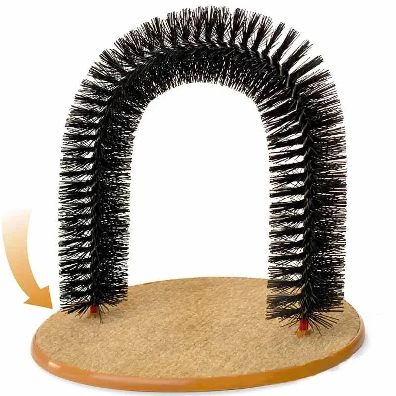 Black bristled cat self-grooming arch mounted on a circular, beige textured scratching pad base.