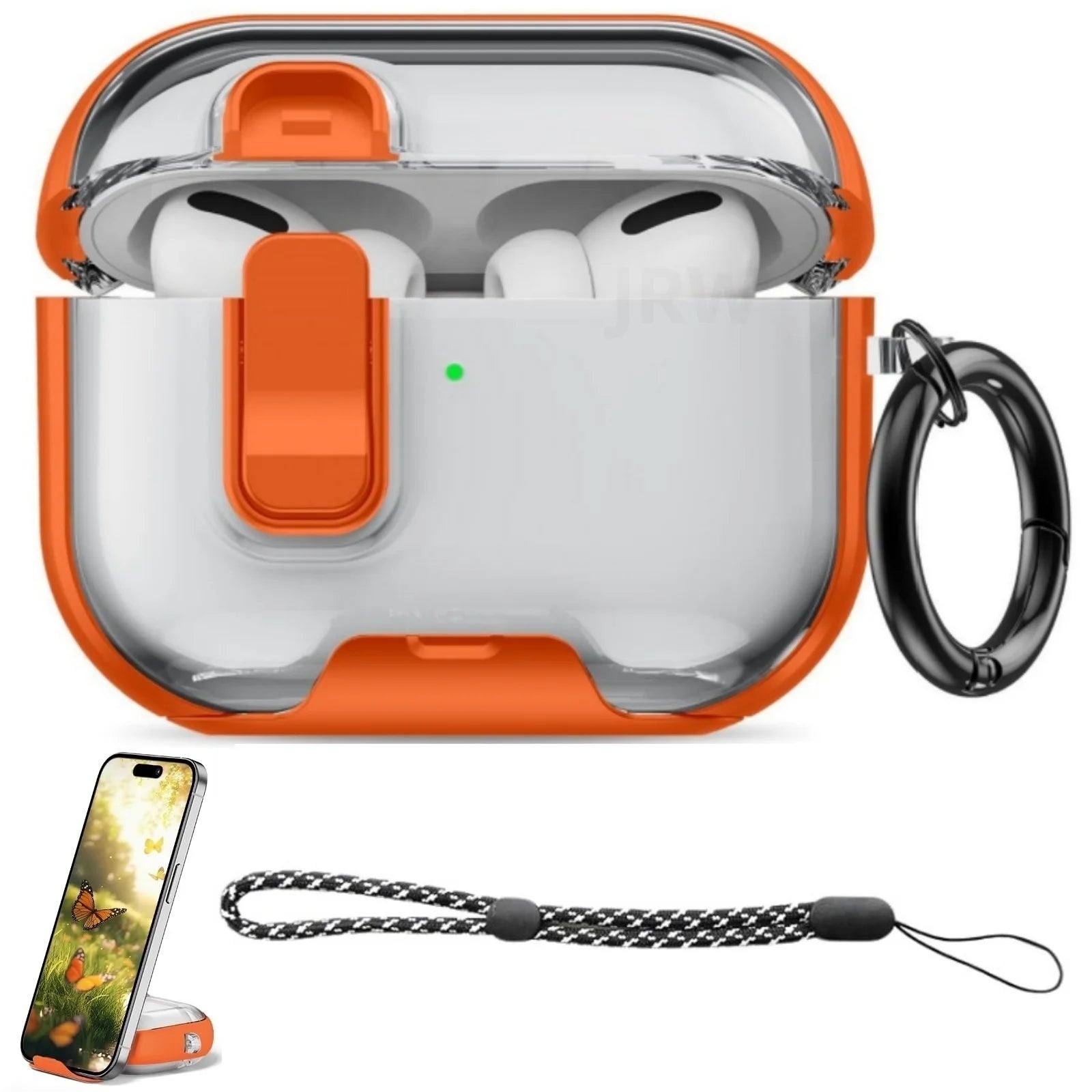 Clear and orange protective case for AirPods Pro with locking clasp, carabiner, and black lanyard.