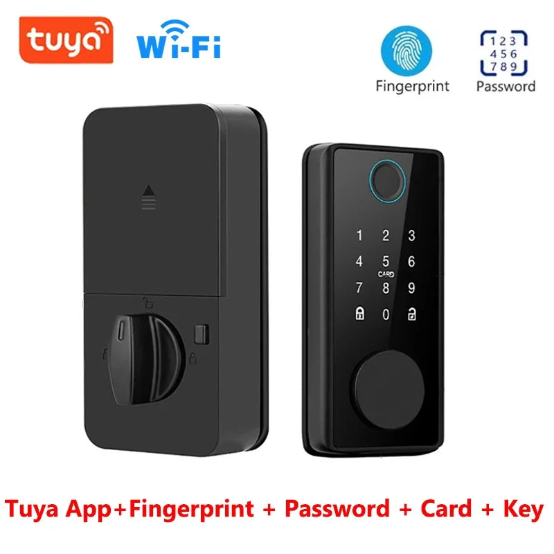 Black smart door lock with keypad, fingerprint scanner, Wi-Fi, and manual thumb turn.