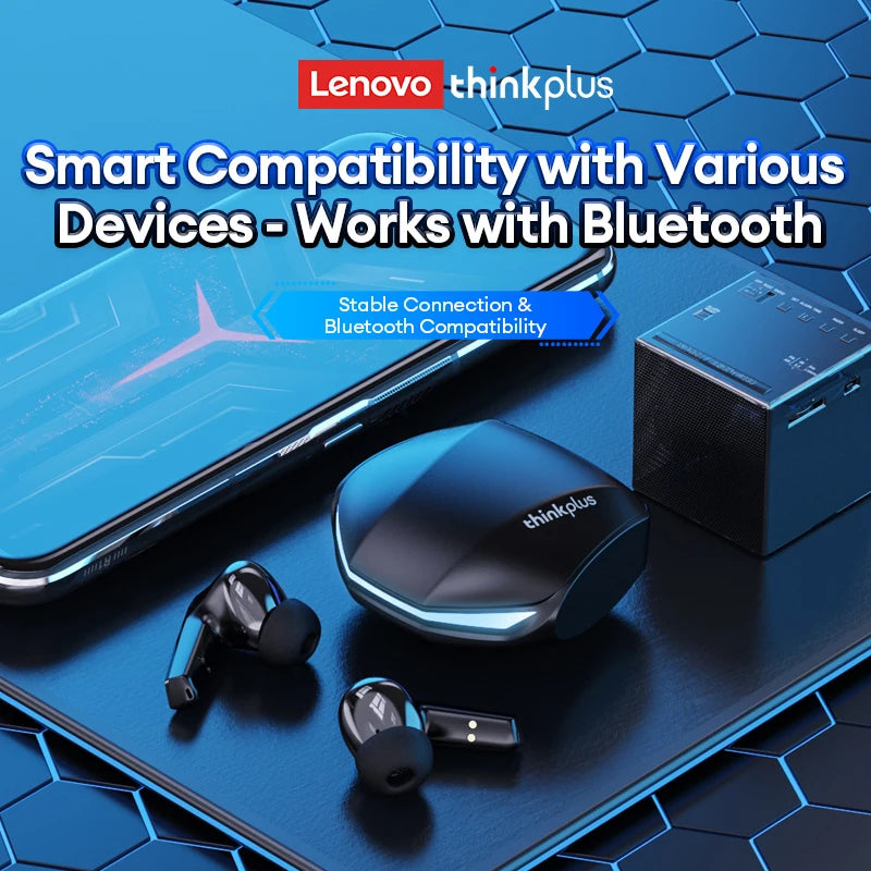 Glossy black wireless earbuds with a sleek charging case on a blue-lit geometric surface.