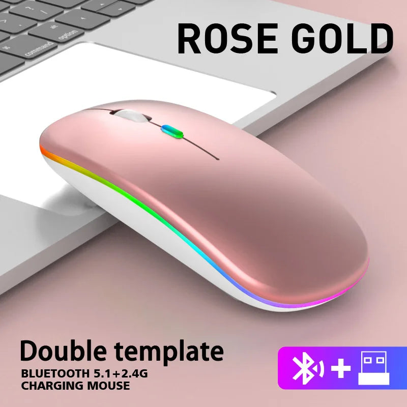 Rose gold wireless rechargeable mouse with a sleek, slim design, glowing LED strip, and Bluetooth and 2.4G connectivity.