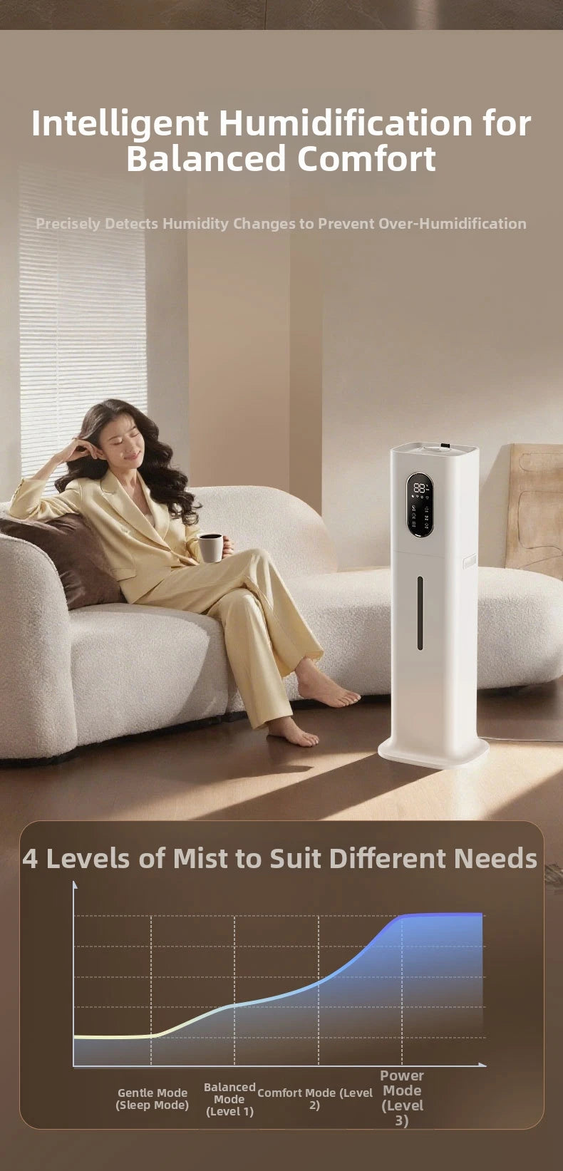 Tall, white, minimalist smart ultrasonic humidifier with a digital display in a modern living room setting.