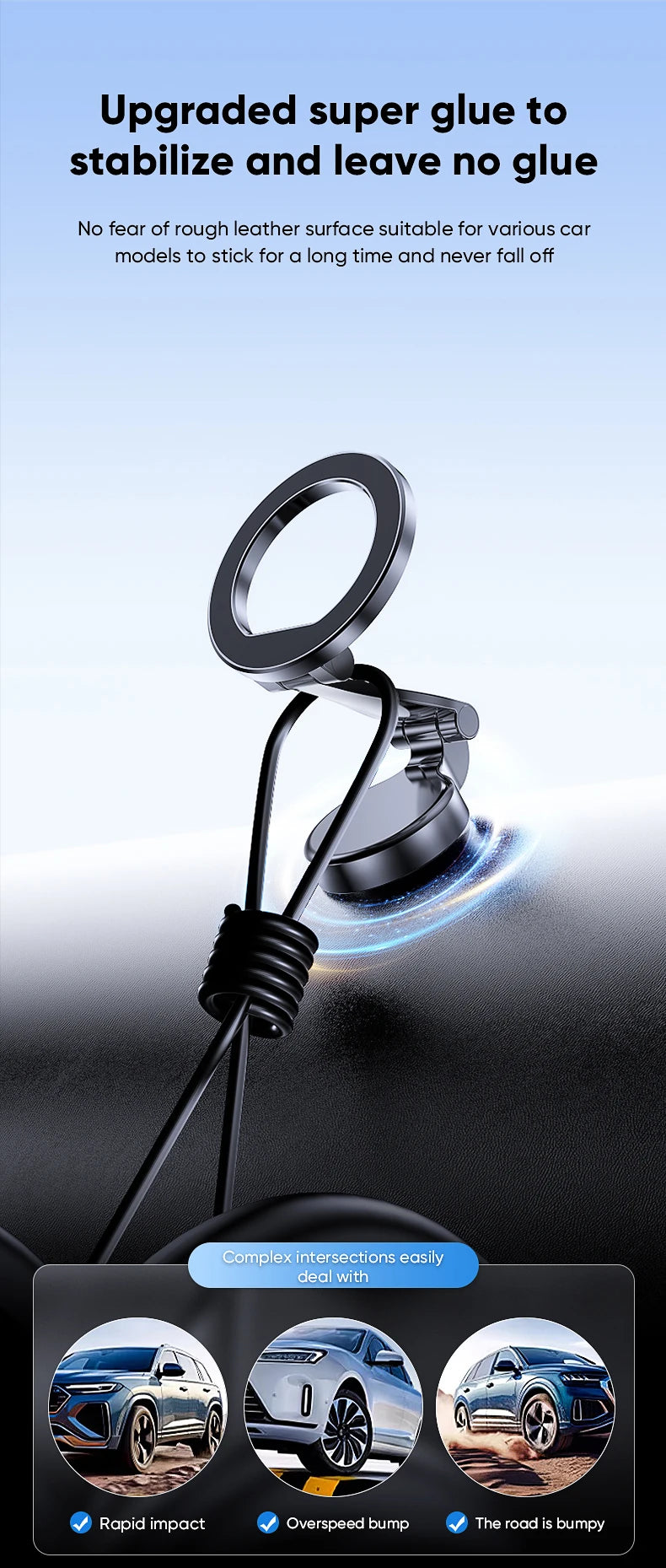 Black magnetic car phone mount with a flexible hinge and strong adhesive base for secure attachment to dashboard surfaces.