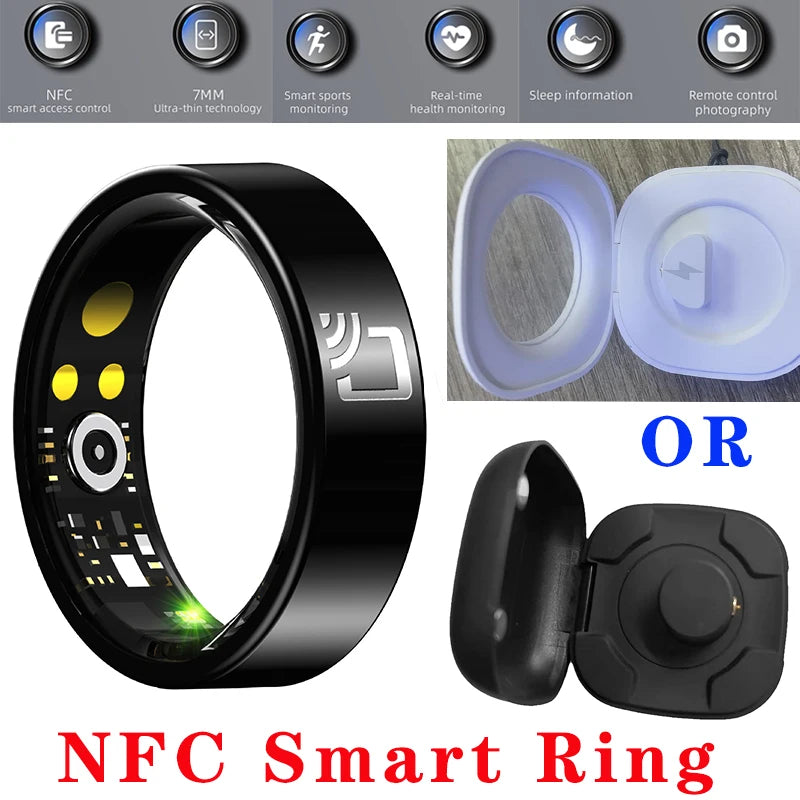 Sleek black NFC smart ring with health sensors, sleep tracking, and a magnetic charging case.