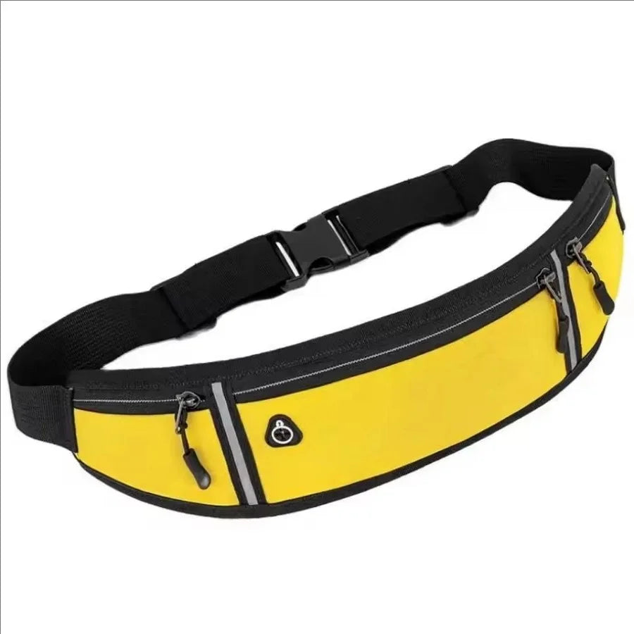 Bright yellow running belt with black trim, adjustable strap, secure buckle, zipped pockets, and headphone port.