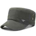 Olive green men’s military-style tactical cap with a flat top, silver eagle emblem, and side metal eyelet details.
