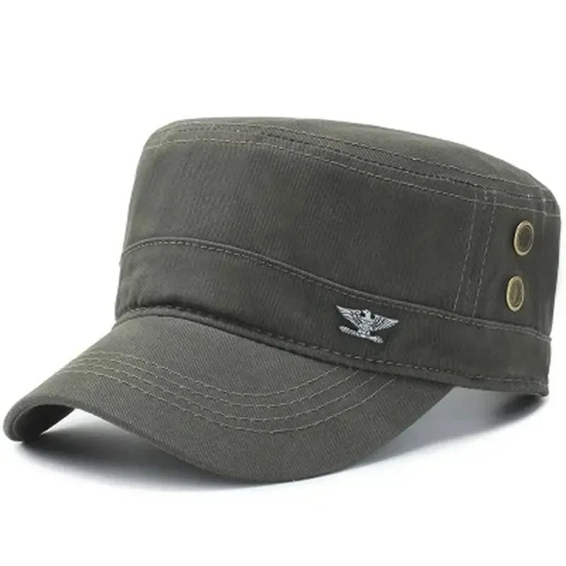 Olive green men’s military-style tactical cap with a flat top, silver eagle emblem, and side metal eyelet details.
