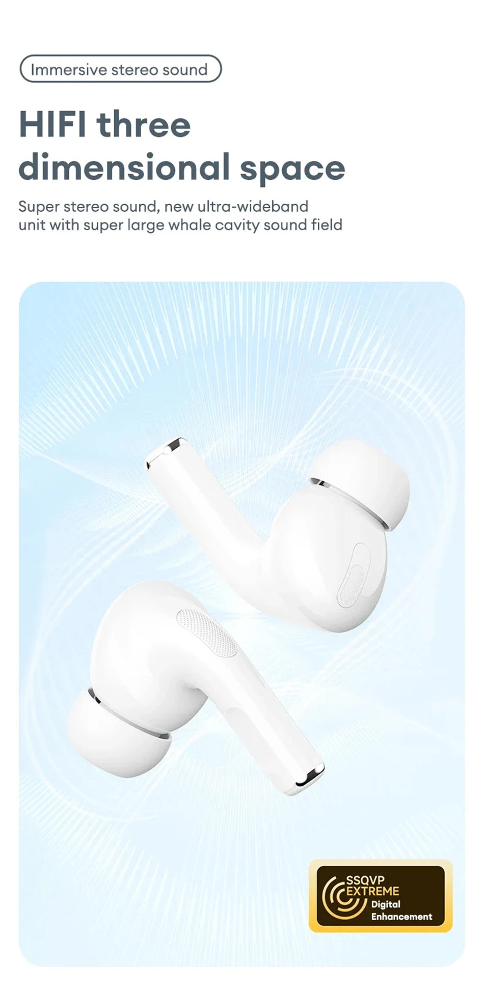 Two white, wireless, in-ear earbuds with a sleek, minimalist design, shown against a light blue, abstract background.