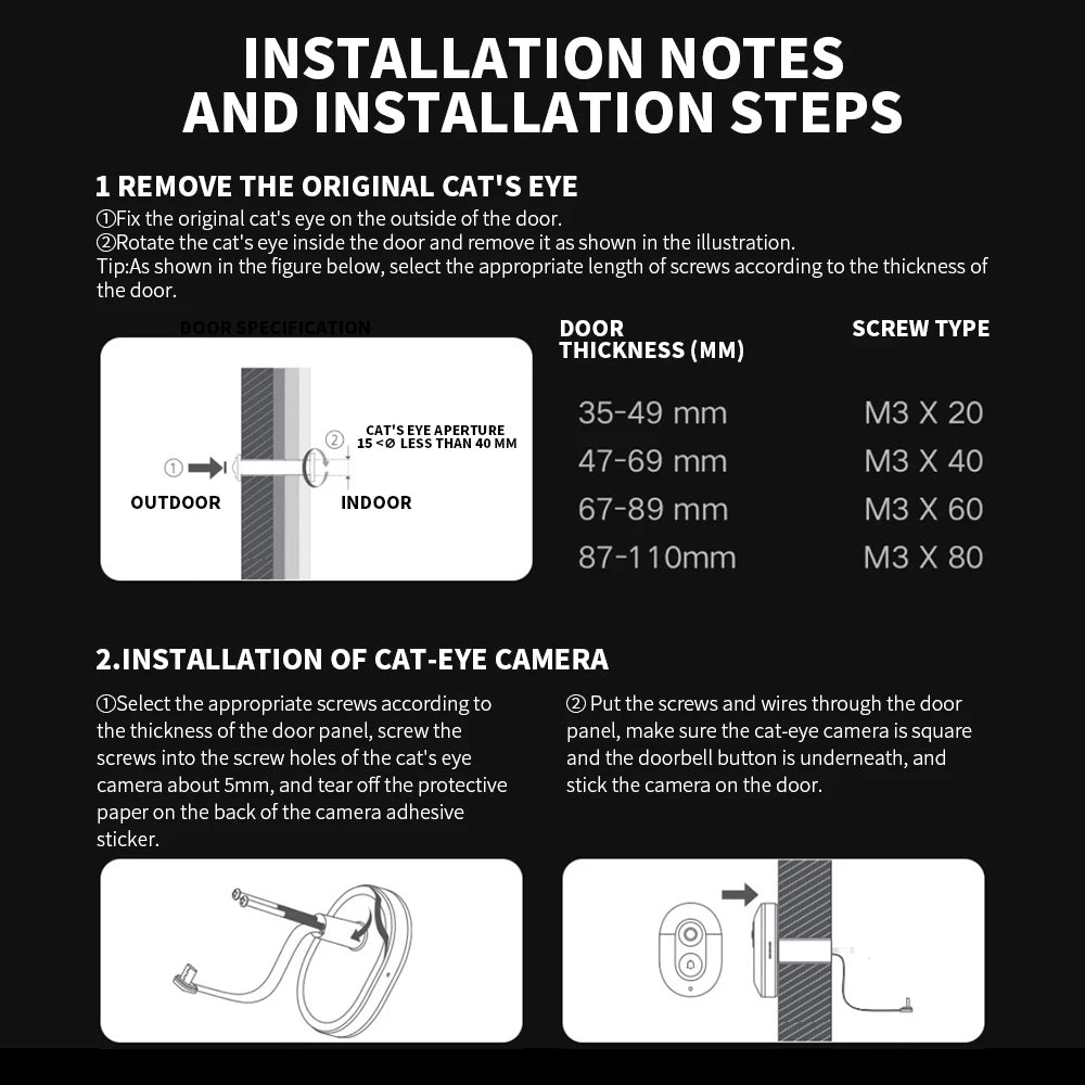 Installation guide for a smart video doorbell, showing step-by-step mounting instructions and door thickness screw chart.