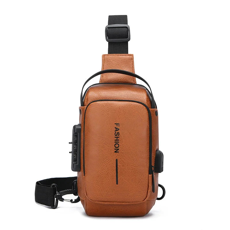 Tan faux leather anti-theft crossbody sling bag with a built-in USB charging port and adjustable black strap.