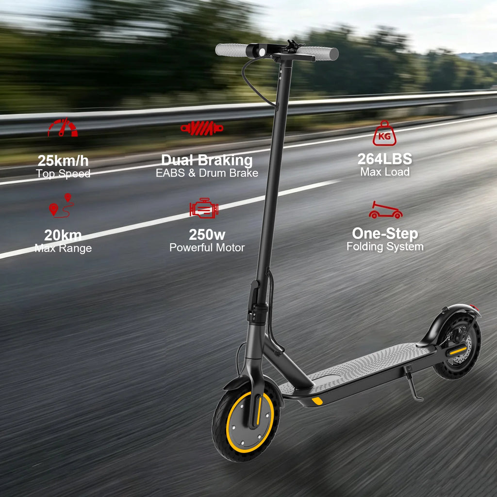 Black AOVOPRO electric scooter with yellow wheel rims, handlebars, and features overlaid on a highway background.