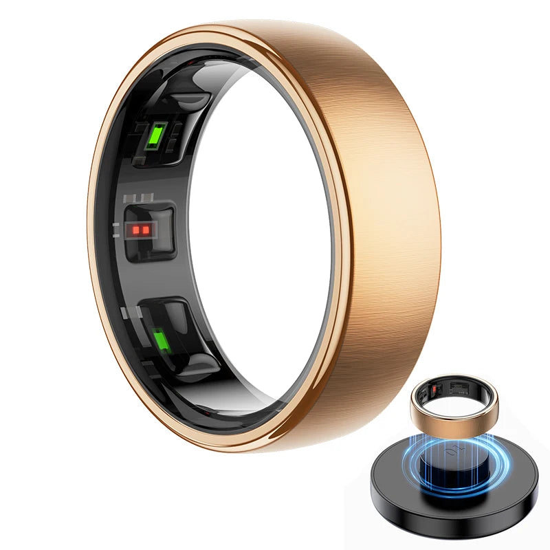 Brushed rose gold smart health ring with black interior sensors, shown with a matching wireless charging dock.