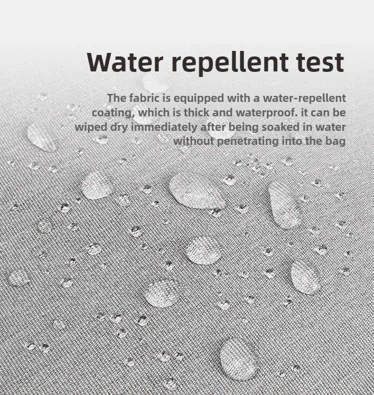 Close-up of grey, water-repellent fabric texture with droplets of water on the surface.