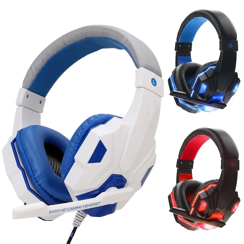 Wired gaming headsets with adjustable microphones, available in white/blue, black/blue, or black/red with LED lighting.