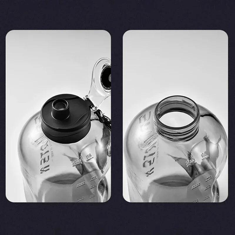 A large, translucent grey water bottle showing the open spout and neck with printed volume markings.