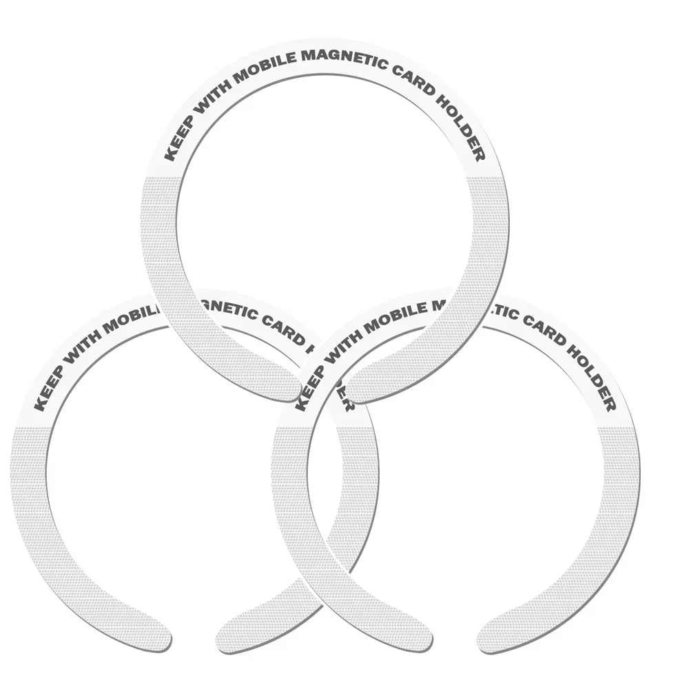 Three interlocking white circular magnetic card holders with textured patterns and text labels on a white background.