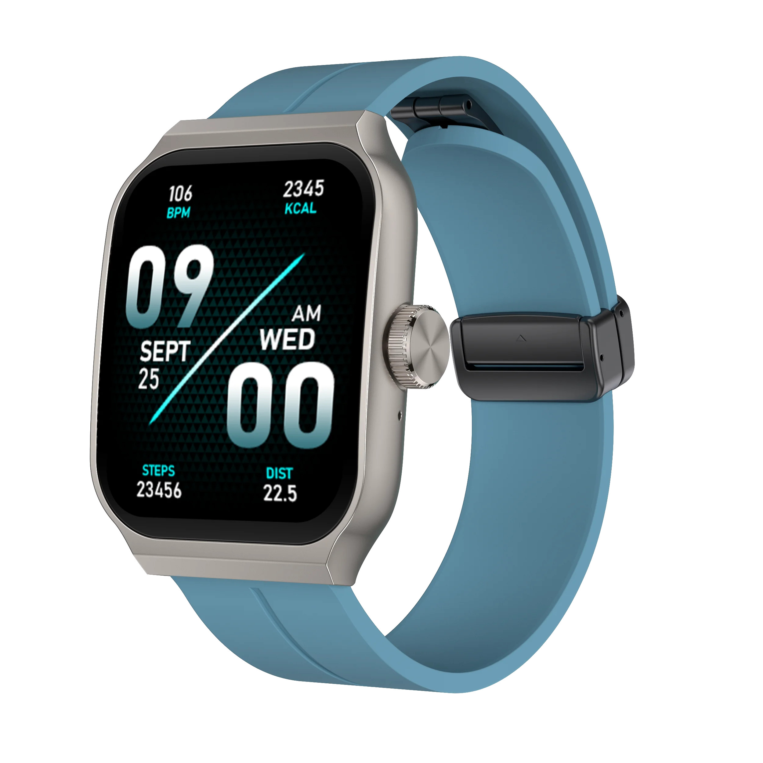 Smart watch with a blue silicone strap, silver square frame, and 2.01-inch digital activity display.