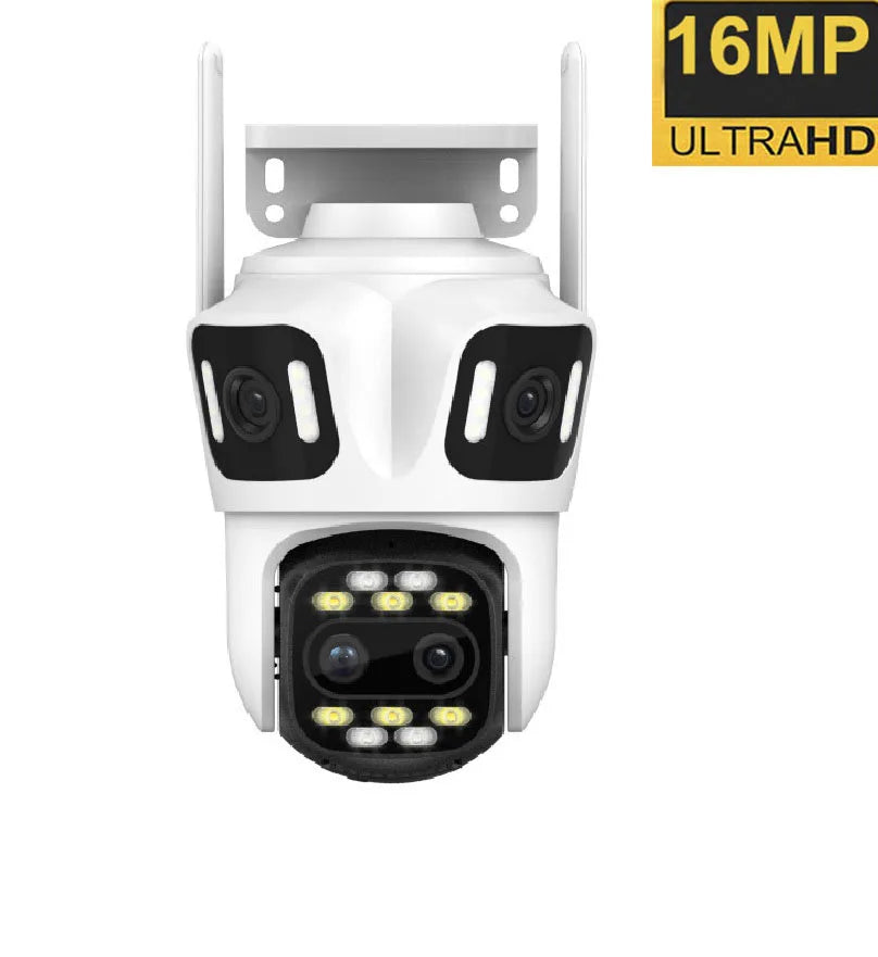 White 16MP ultra-HD outdoor security camera with dual antennas, quad lenses, and built-in LED floodlights.