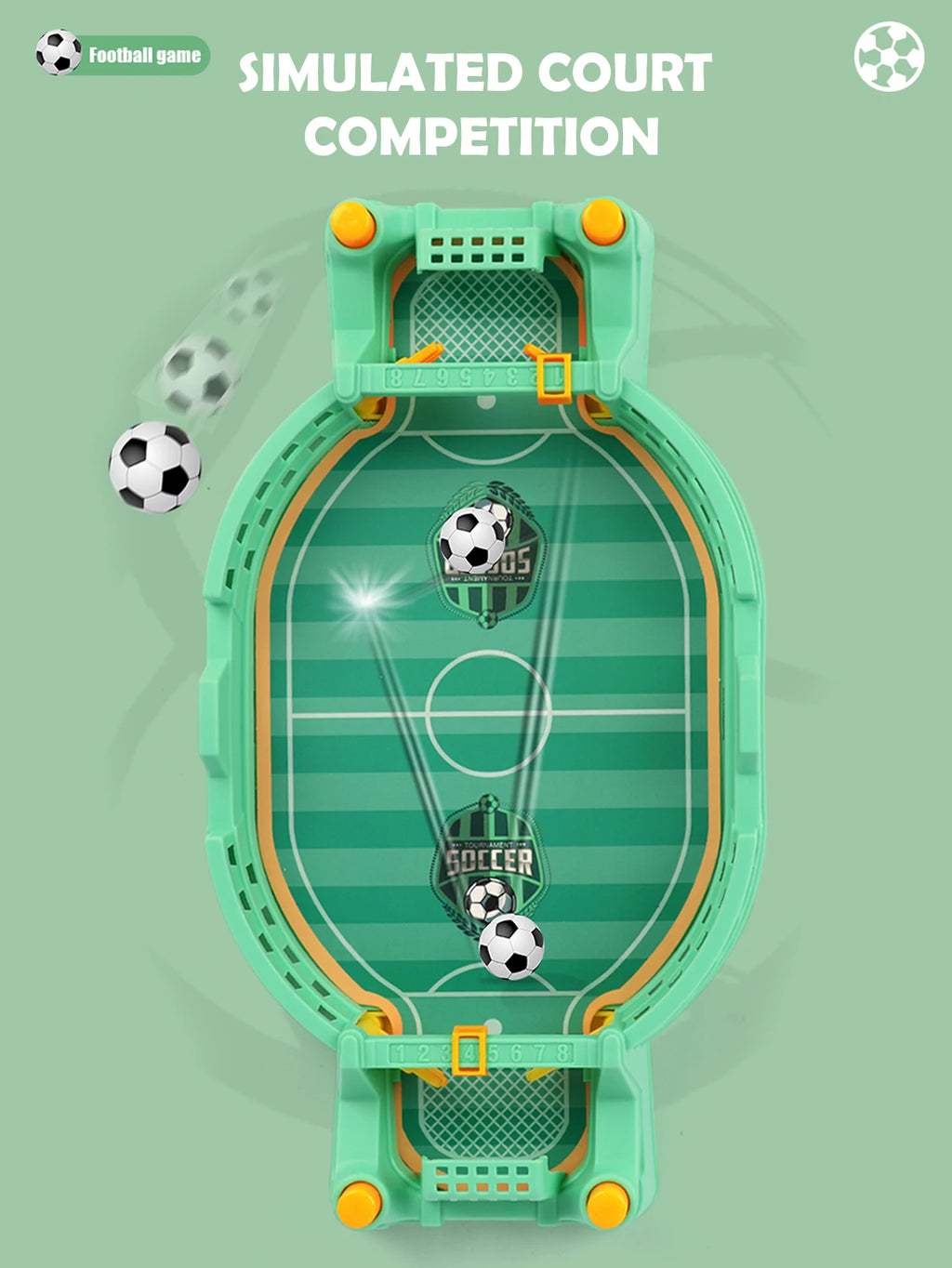 Top-down view of a mint green table-top football game with two score trackers, nets, and miniature soccer balls.