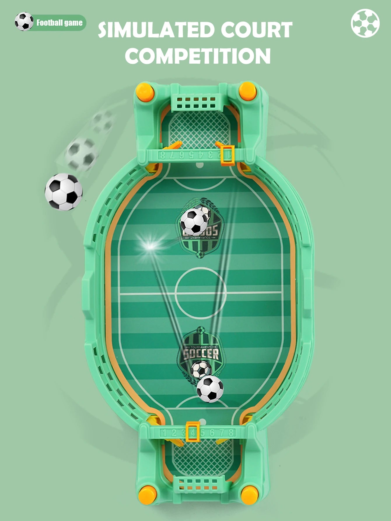 Top-down view of a mint green table-top football game with two score trackers, nets, and miniature soccer balls.