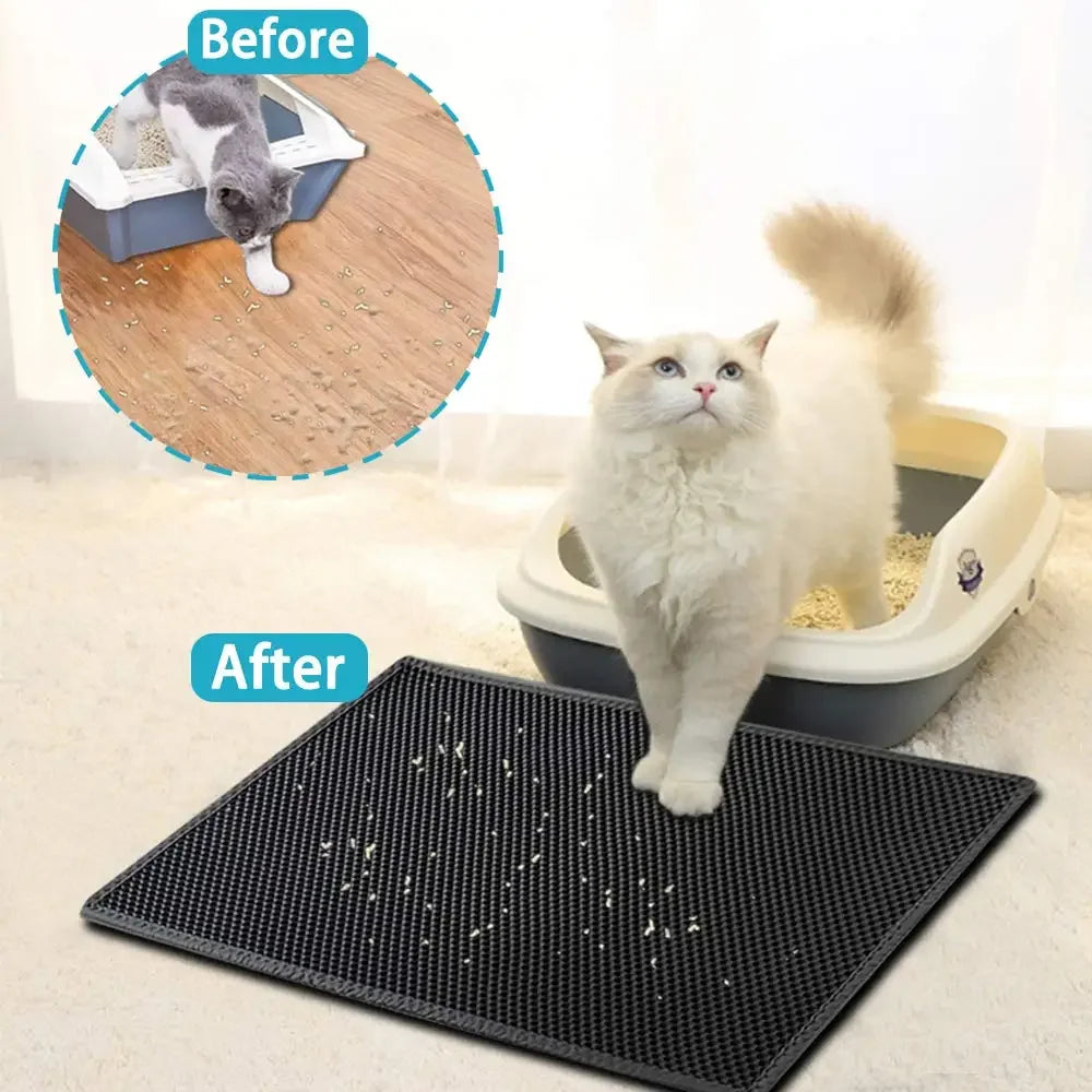 Black double-layer waterproof cat litter mat with honeycomb texture to trap litter, shown with a cat and litter tray.