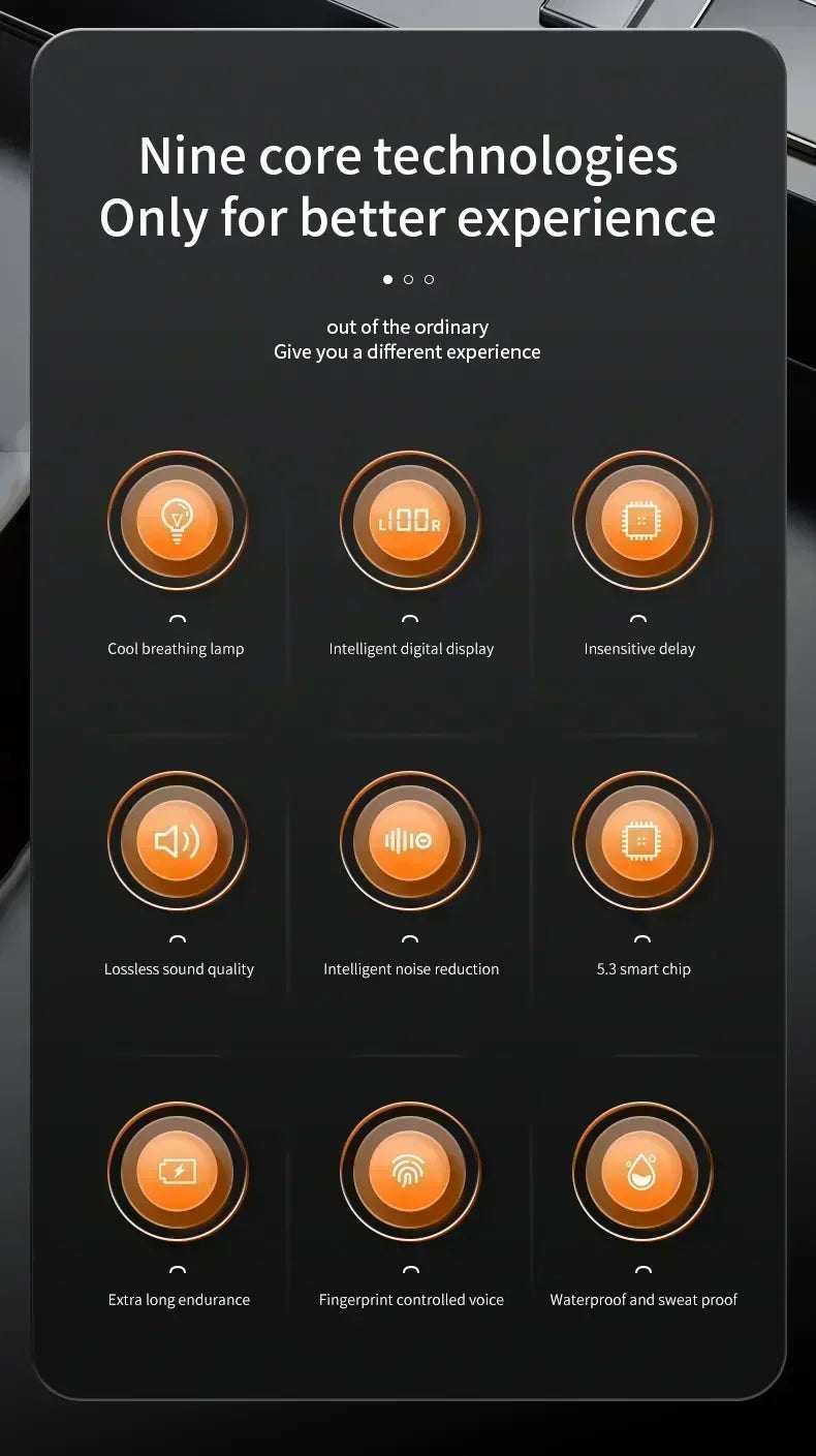Infographic showing nine orange circular icons with features of wireless earbuds on a dark grey background.