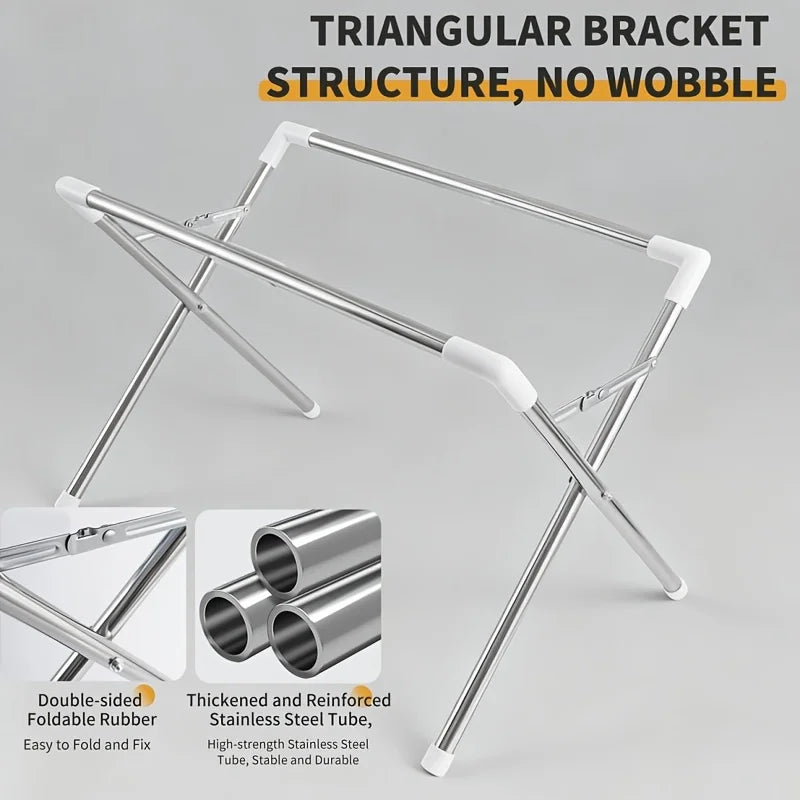 Foldable silver pet grooming table frame with white corner connectors and sturdy stainless steel tubes.