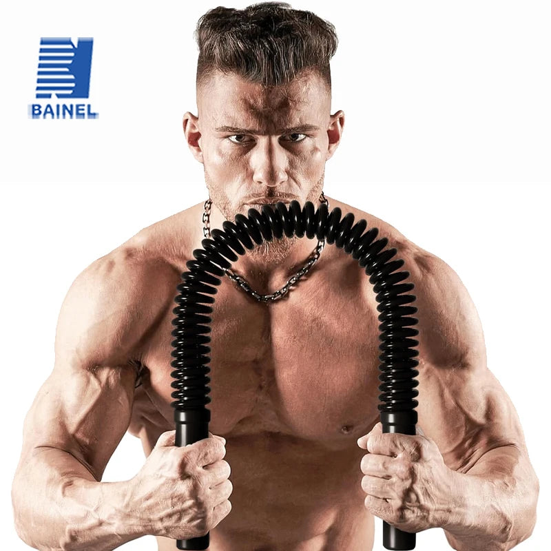A muscular man holding a black metal spring strength exercise stick in a U-shape.