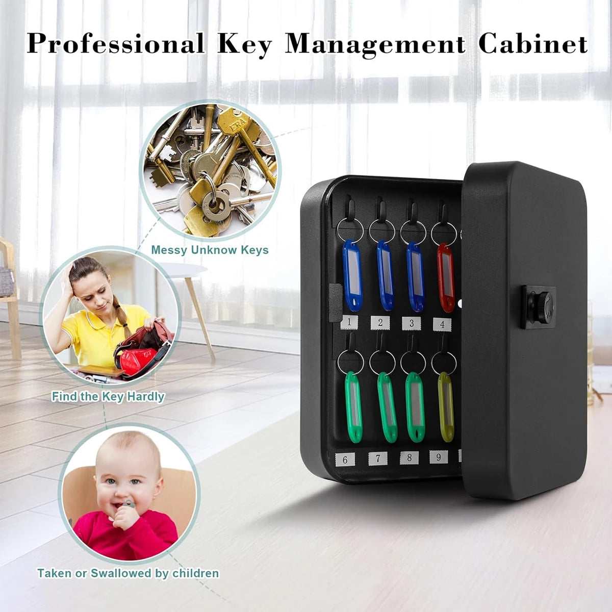 Black metal wall-mounted key cabinet with a secure lock and numbered hooks for organizing keys with colorful tags.