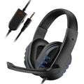 Black wired gaming headset with blue accents, adjustable microphone, and an integrated volume control cable.