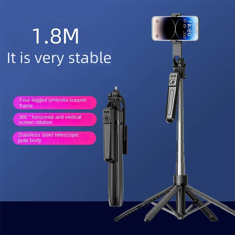 Black telescopic stainless steel phone tripod stand with a four-legged base and 360-degree rotating phone mount.