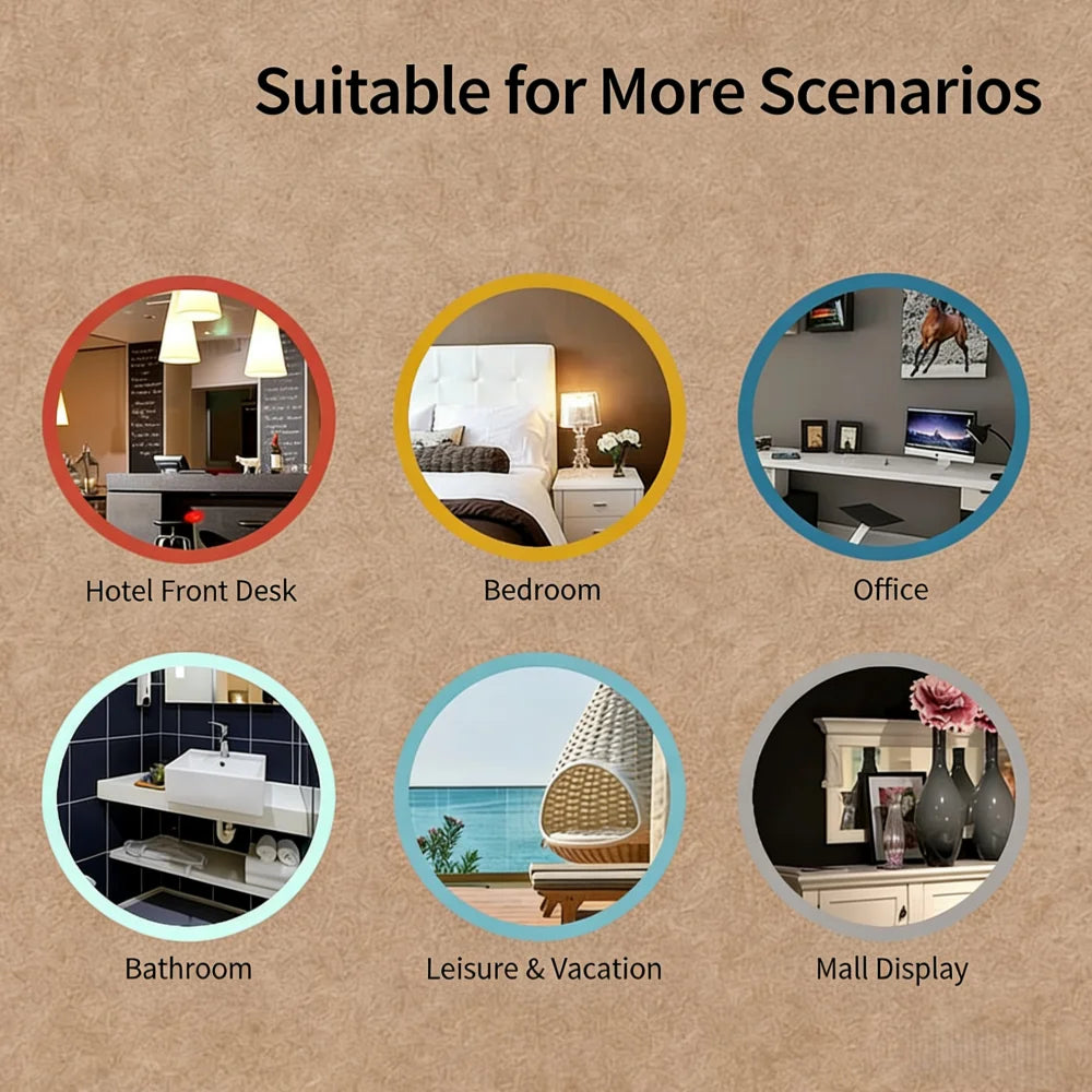 Six circular photos showing home decor use cases: hotel reception, bedroom, office, bathroom, patio, and mall display.