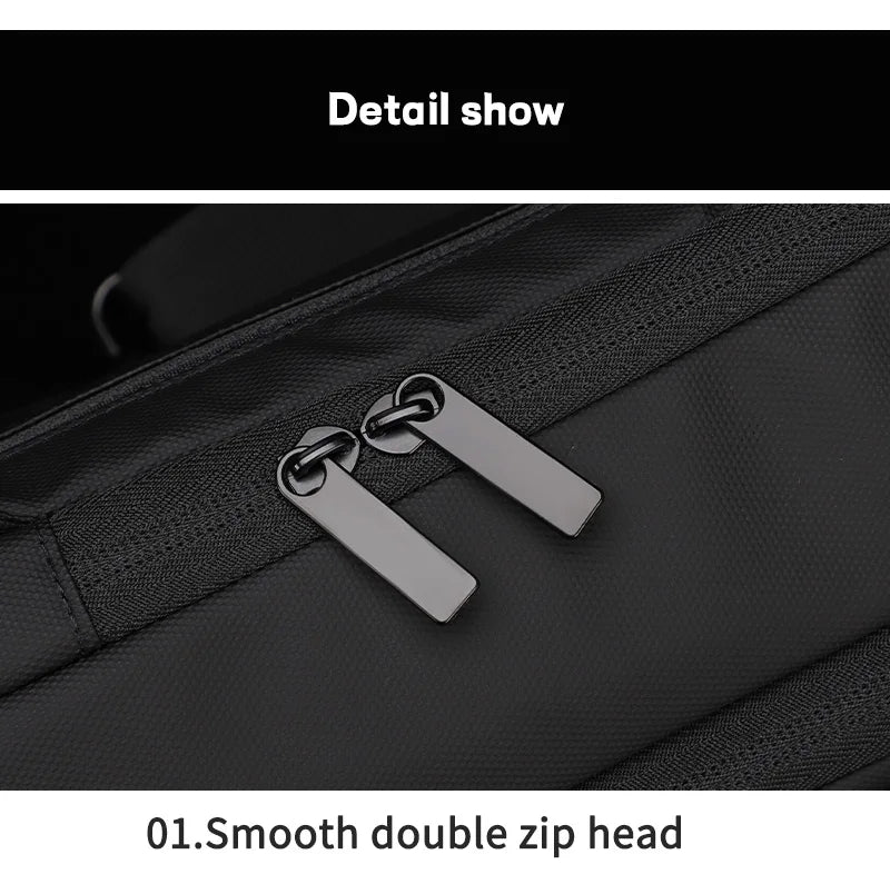 Close-up of a black waterproof crossbody bag featuring durable, smooth-running double metal zip pulls.