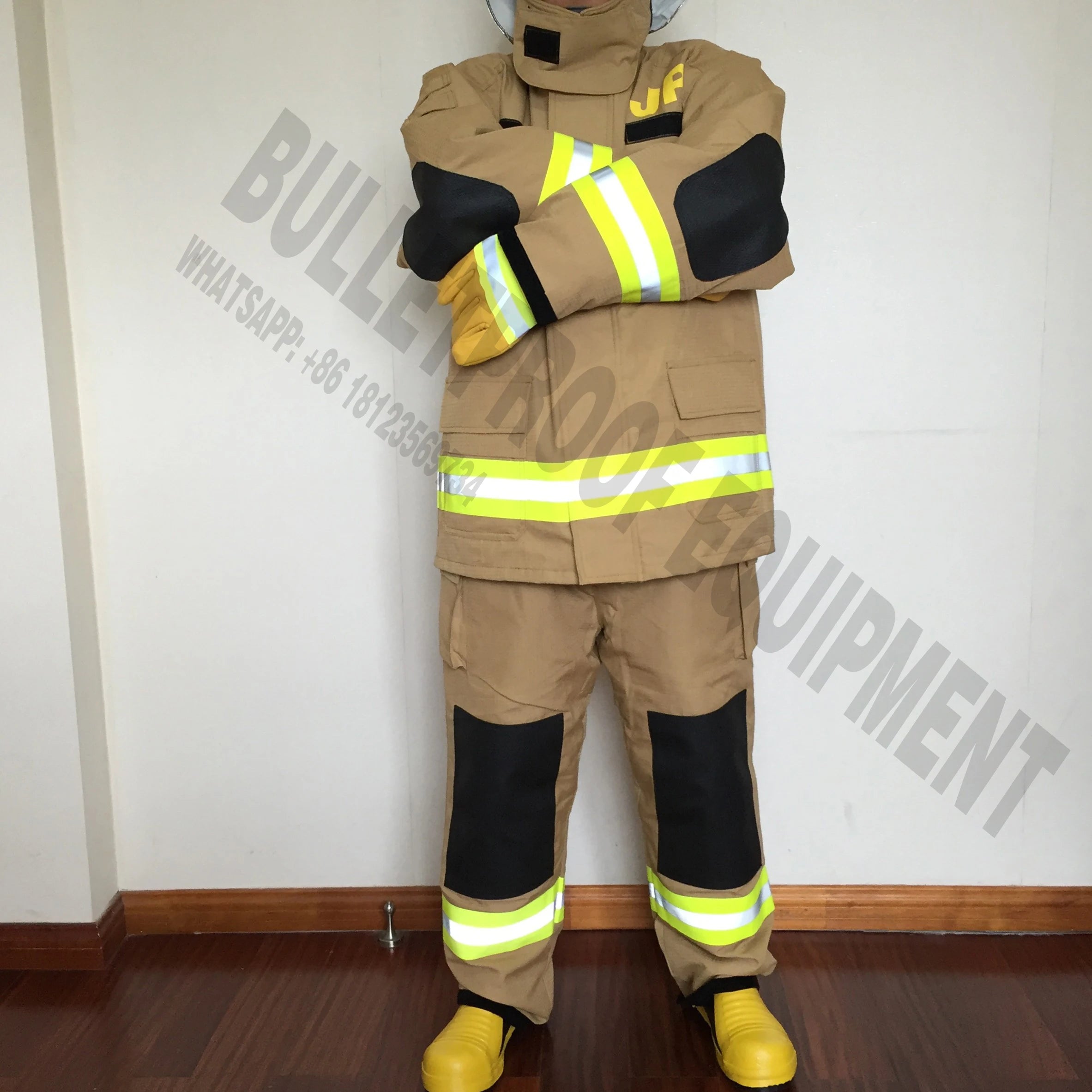 Tan firefighter turnout gear with reflective yellow strips, black reinforced patches on knees and elbows, and yellow boots.