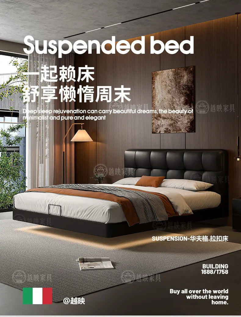 Luxury black leather double bed with a floating base, featuring integrated under-bed lighting and a tufted headboard.