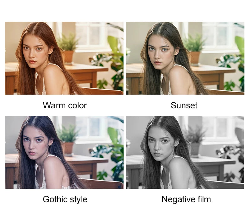 Four-panel image showing the same portrait of a young woman with different color filters applied.