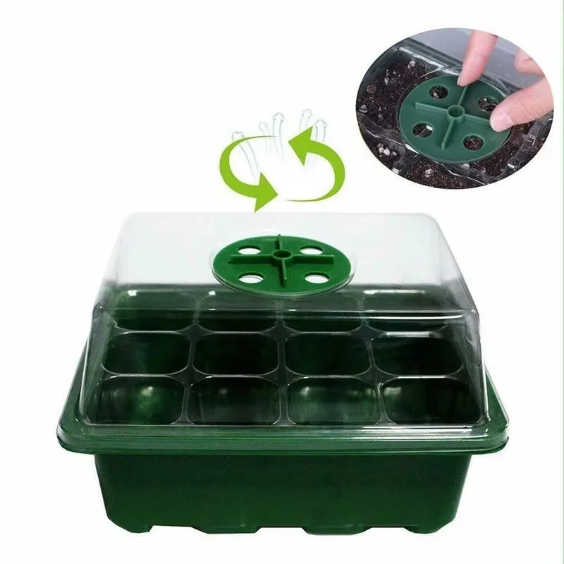 Green 12-cell seed starter tray with a clear dome lid and an adjustable circular vent to control airflow and humidity.