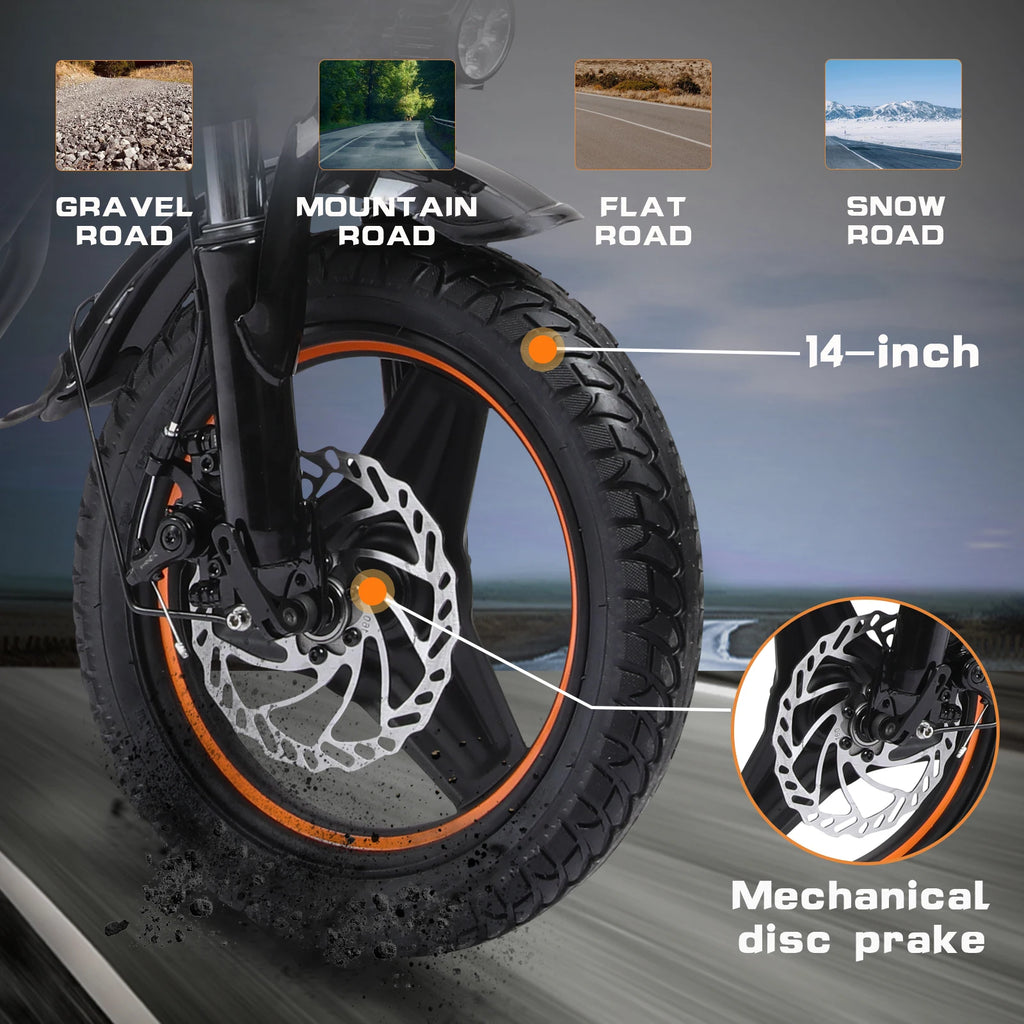 FREEBOY H14 electric scooter black 14-inch tire with orange rim, mechanical disc brake, and terrain icons.