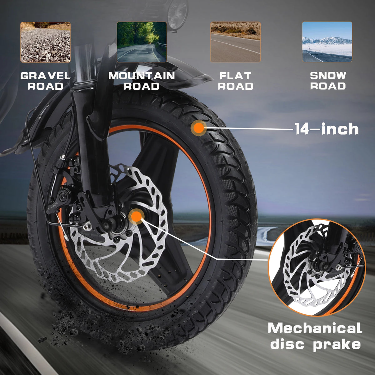 FREEBOY H14 electric scooter black 14-inch tire with orange rim, mechanical disc brake, and terrain icons.