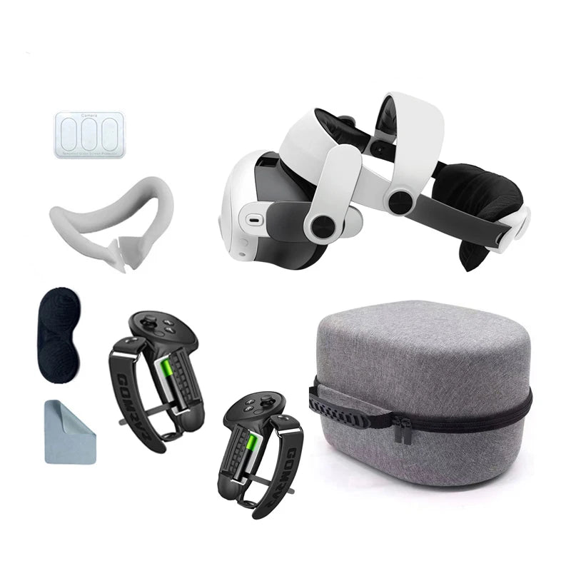 Adjustable white halo head strap set for Meta Quest with grey carry case, controller grips, and accessories.