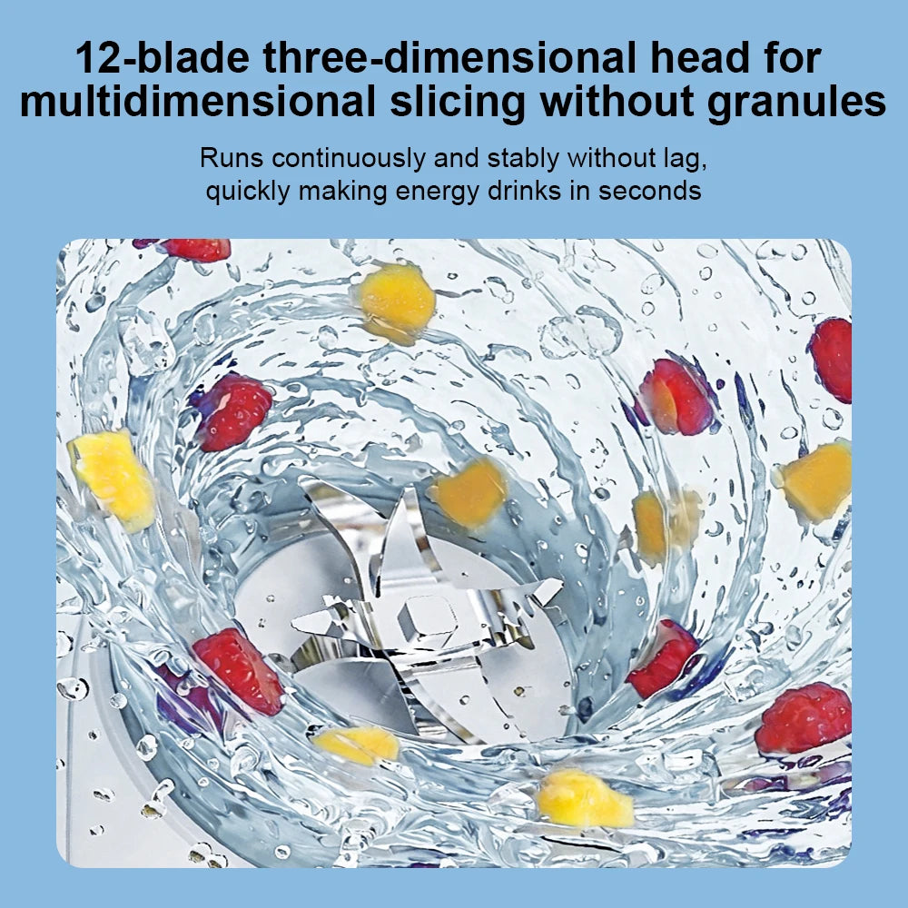 Blender with a sharp, multi-blade stainless steel head mixing chopped fruit in a swirling vortex of liquid.