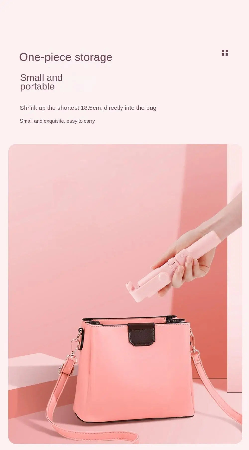 Compact, pastel pink foldable phone selfie stick held over a matching handbag for easy portability.