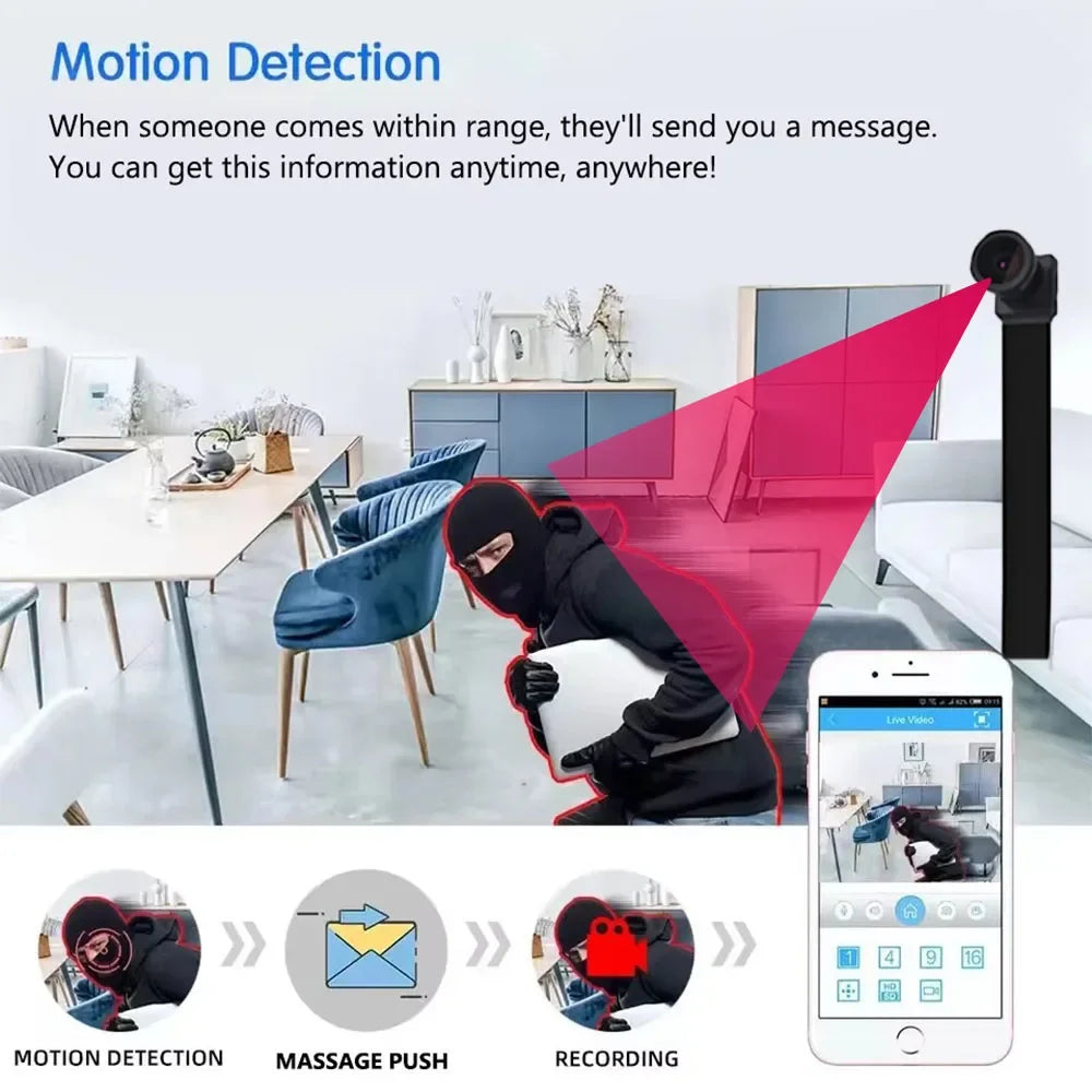 Black plastic mini security camera with motion detection that sends smartphone alerts.