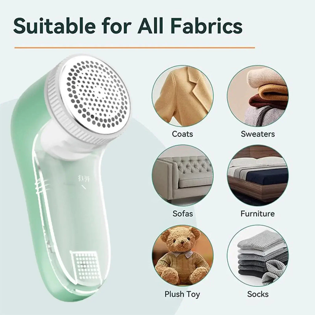 Sage green handheld fabric shaver with a metal mesh head, shown with examples of suitable fabrics and items.