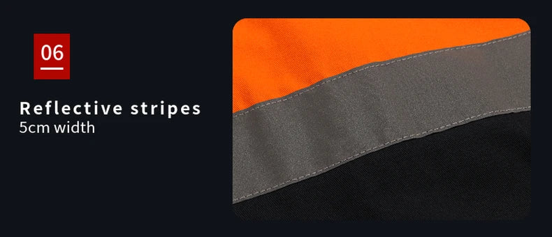 Close-up of a high-visibility orange polo shirt featuring a 5cm wide grey reflective safety stripe.