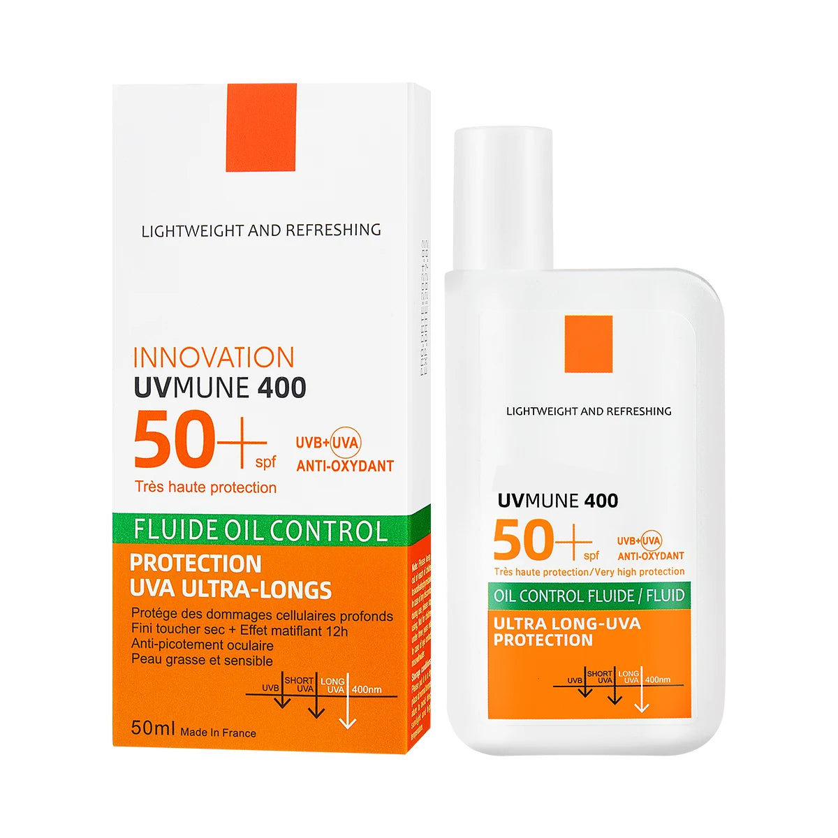 Oil control facial sunscreen fluid, SPF 50+, white bottle and box with orange accents, ultra-long UVA protection.