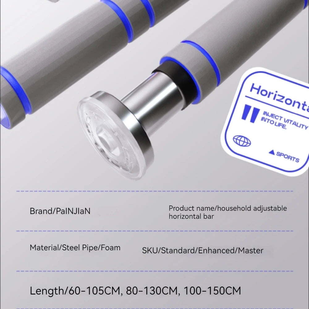 Grey and blue adjustable horizontal pull-up bar with foam grips and non-slip steel end caps.