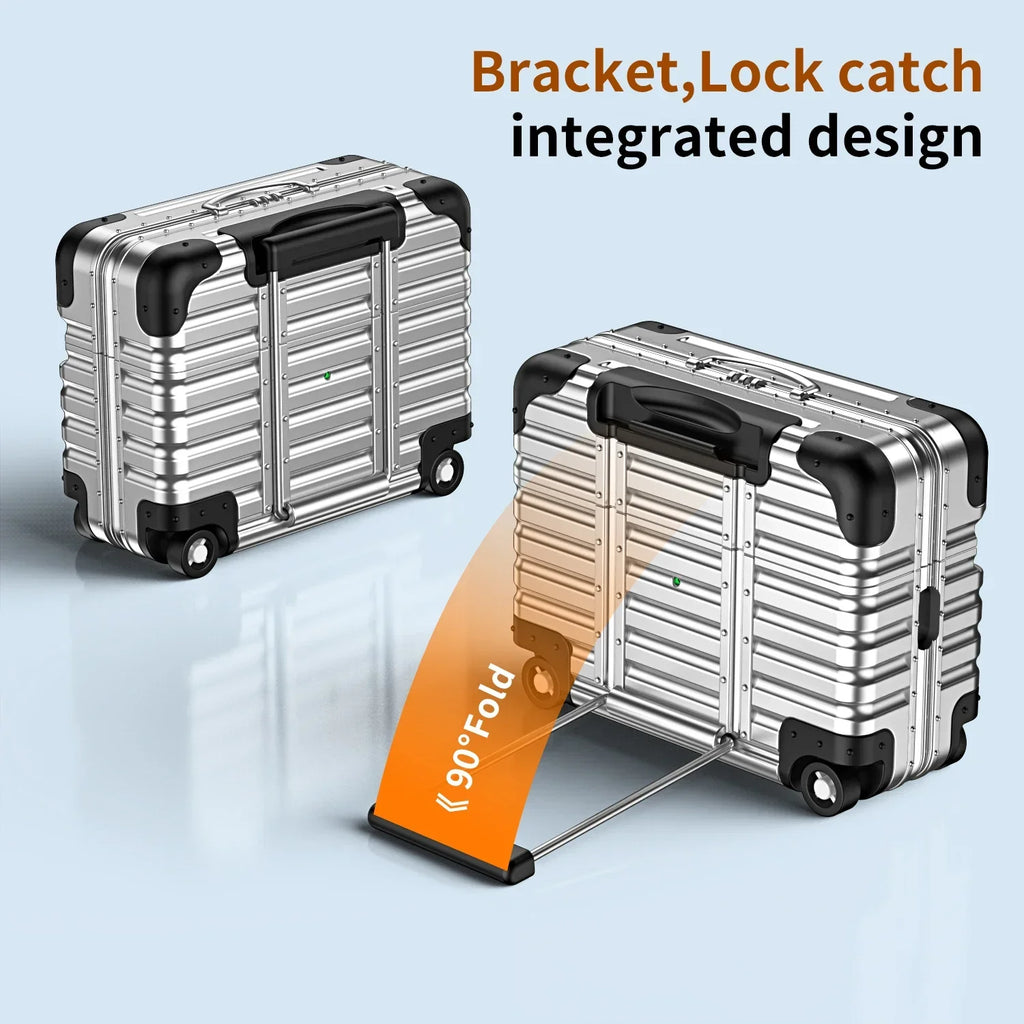 Silver metallic suitcase-style AirPods case with black corner guards, integrated stand, and lock catch.