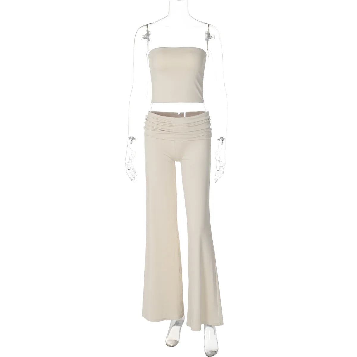 Cream-coloured two-piece set featuring a strapless bandeau crop top and high-waisted flared trousers.