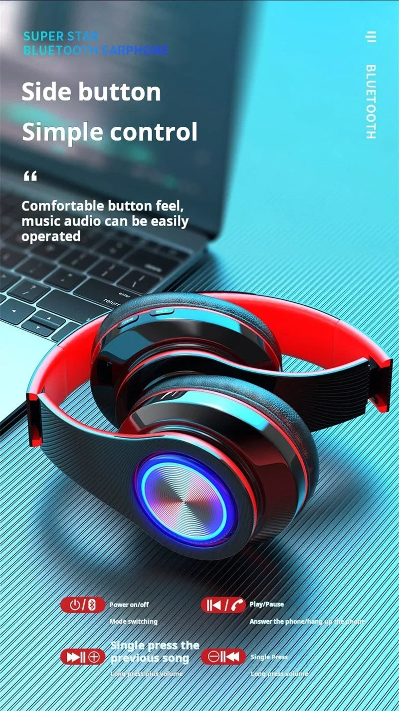 Black and red wireless gaming headset with glowing blue LED earcups and integrated side control buttons.